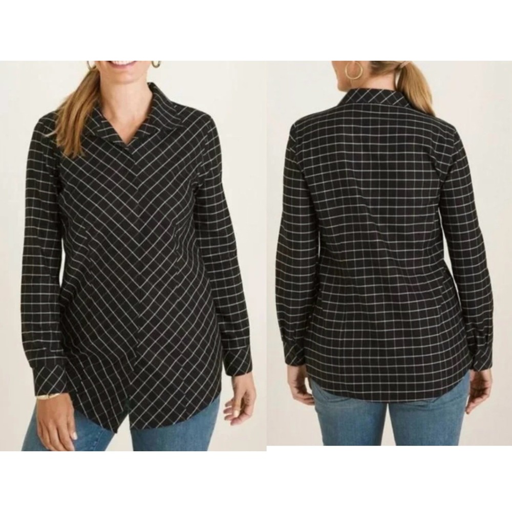Chico's Size 1 (US 8/10) No Iron Sateen Windowpane‎ Wing Collar Shirt